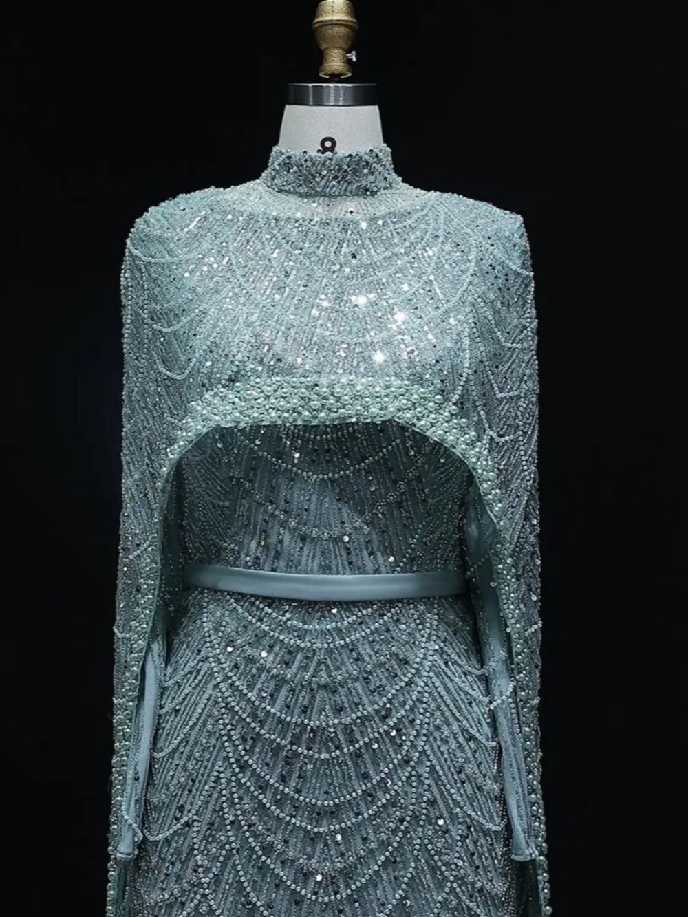 Beaded Evening Dress with Long Beaded Cape in Teal-Blue